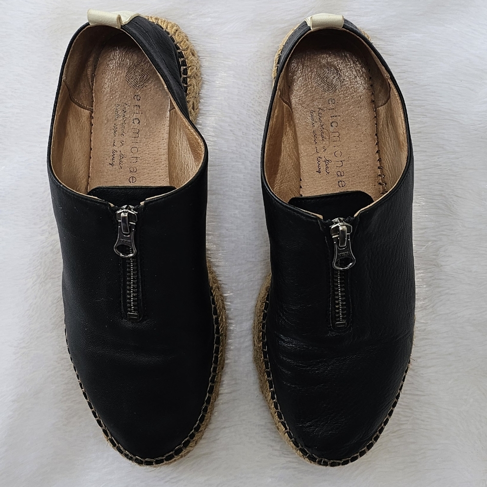 Eric Michael Serena Black Leather Zip Front Platform Espadrilles Sneaker 38